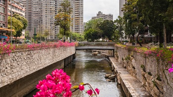 河流两旁的石墙由人工岩石与分面石板组成，点缀河道挡土墙。